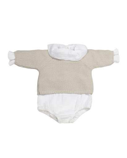SET TRICOT JERSEY + RANITA + BODY BAMBULA BEIGE 0-1M/56 CM