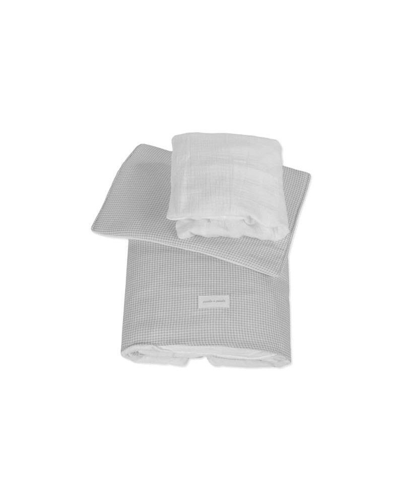 EDREDÓN + SÁBANA BAJERA + ALMOHADA CUNA 90X50 CM LITTLE BLOOM VICHY GRIS