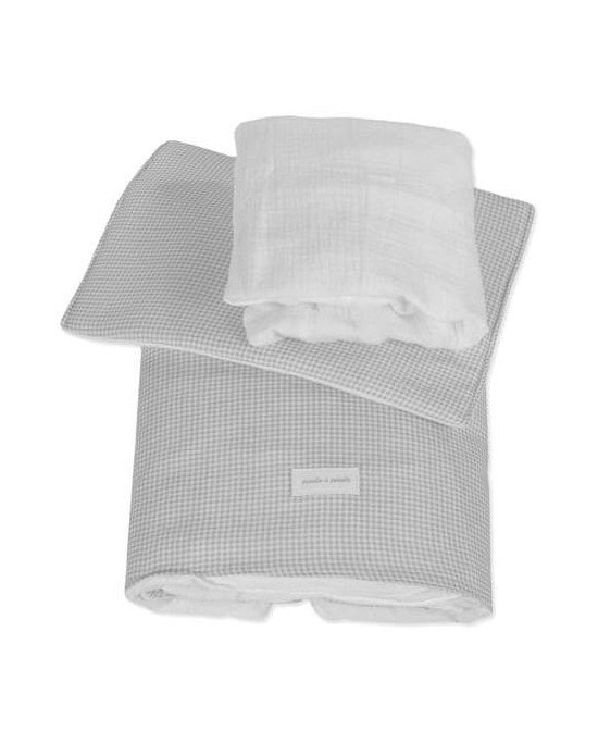 EDREDÓN + SÁBANA BAJERA + ALMOHADA CUNA 90X50 CM LITTLE BLOOM VICHY GRIS